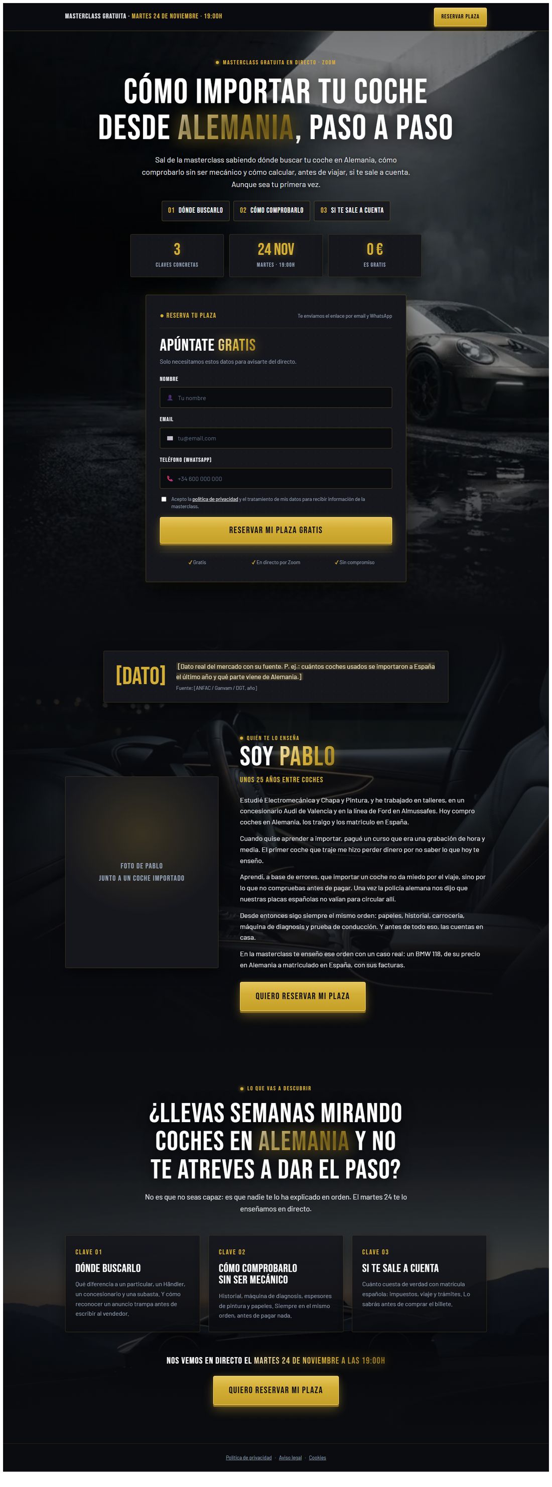 Página de la masterclass de importación de coches